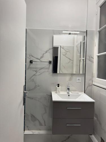 une salle de bain avec un lavabo et une douche avec un miroir dans l'établissement Charming apartment in Toulon, à Toulon