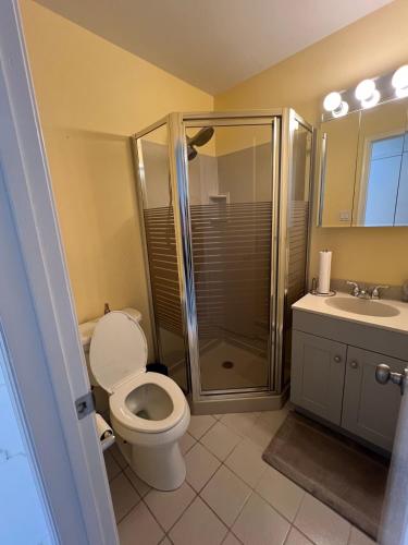 un bagno con doccia, WC e lavandino di Luxury Waterfront Getaway a Copiague