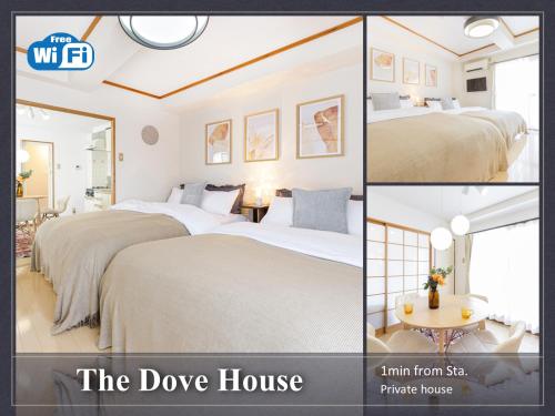 a collage of three pictures of a bedroom with two beds at The Dove House Quiet Apartment near Haneda Airport in Tokyo