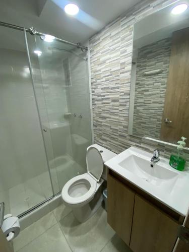 a bathroom with a shower and a toilet and a sink at Amoblado CTIC Calle 170 Norte Bogota in Bogotá