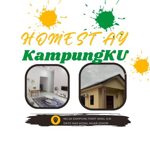 a picture of a house and a mirror with the text against a kampung at Homestay KampungKU in Muar