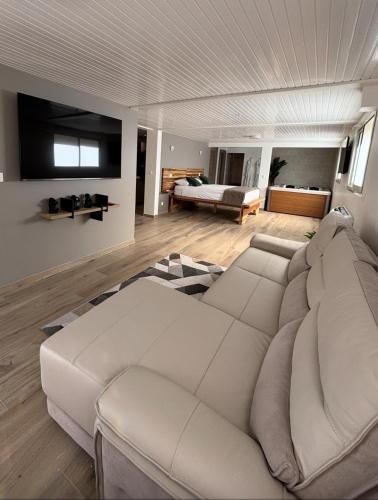 a living room with a large white couch in a room at VENUS LOCATION - Loft climatisé avec Spa in Sainte-Marie