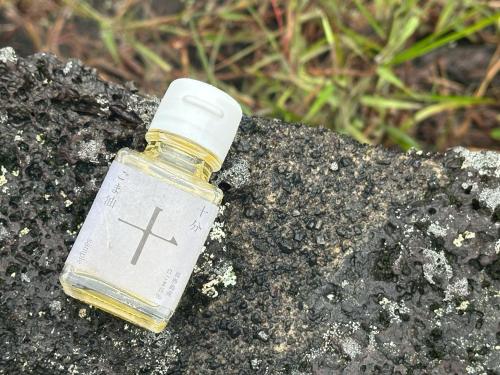 a small bottle of essential oil sitting on a rock at まるまる一棟貸しのプライベート空間-バナナハウスホテル-駐車場付き in Akaren