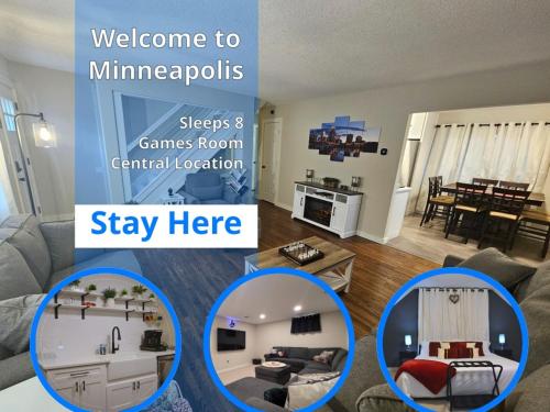 a collage of a living room and a living room with a room at Cozy Urban Skies in Minneapolis