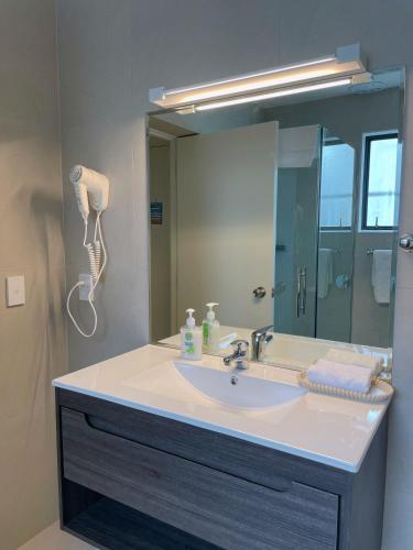 a bathroom with a sink and a large mirror at Royal Park Lodge in Auckland
