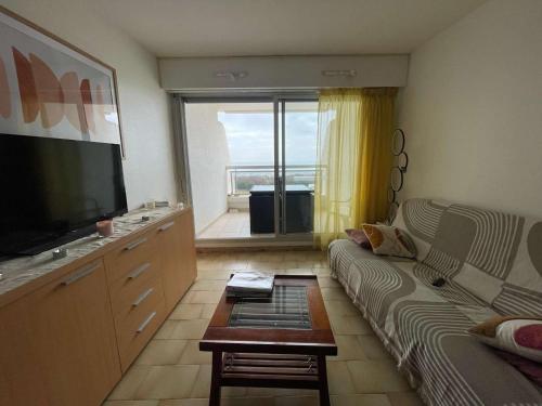 un salon avec un canapé et une télévision à écran plat dans l'établissement Studio cabine vue mer, animaux admis à La Grande-Motte - FR-1-328-275, à La Grande Motte