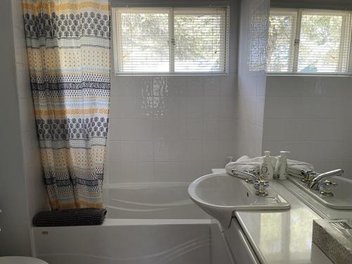 a bathroom with a sink and a tub and a shower curtain at Water front Golden Lake cottage - Calm and peaceful in Val-David