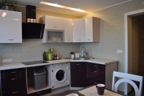 cocina con fregadero y lavadora en LD apartamenti, en Ventspils