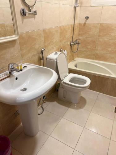 a bathroom with a sink and a toilet and a tub at أجنحة المدينة للشقق المفروشة in Al Madinah