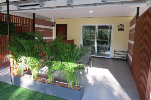 a patio with palm plants in a house at Baan Bee Residence in Nong Prue