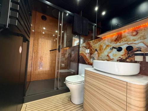 un baño con lavabo e inodoro en Villa Perla Mare - Sauna Experience - On a lake near Amsterdam, en Vinkeveen
