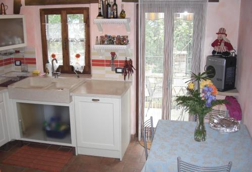 a kitchen with a sink and a table with a vase of flowers at La Morosa in Castel Rigone