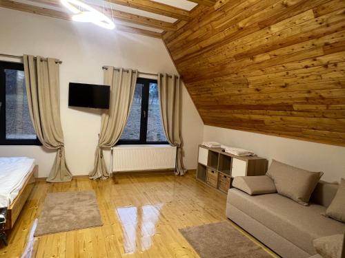 a living room with a couch and a tv at A-frame Sofis House Valea Doftanei in Teşila