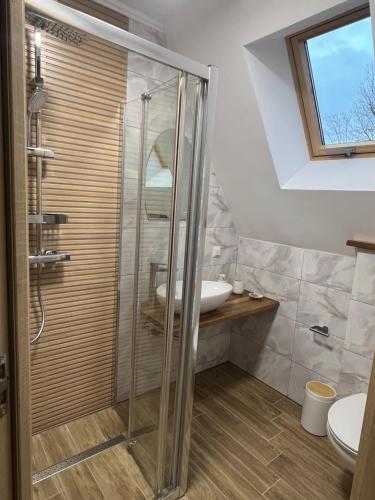 a bathroom with a shower and a sink at A-frame Sofis House Valea Doftanei in Teşila