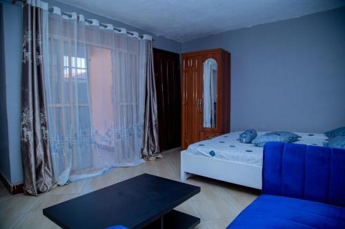 a blue room with a bed and a couch at Cozy Studio Apartment Makindye in Kampala