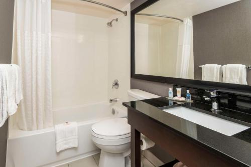 a bathroom with a toilet and a sink and a mirror at Comfort Inn in Sault Ste. Marie