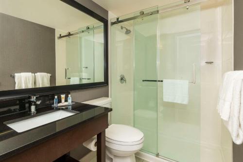 a bathroom with a toilet and a glass shower at Comfort Inn East in Sudbury