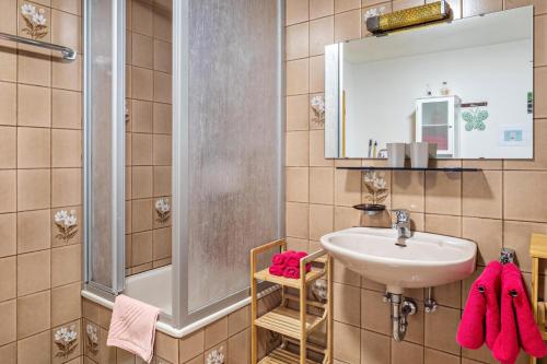een badkamer met een wastafel en een douche met roze handdoeken bij Haus Sommerberg in Titisee-Neustadt