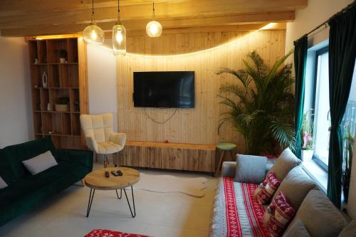 a living room with a couch and a tv at Cabana Brad Apuseni in Rîmeţi