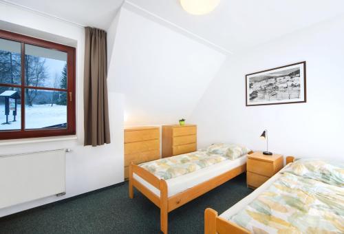 ein Schlafzimmer mit zwei Betten und einem Fenster in der Unterkunft Apartment Bílé Labe 38 in Špindlerův Mlýn