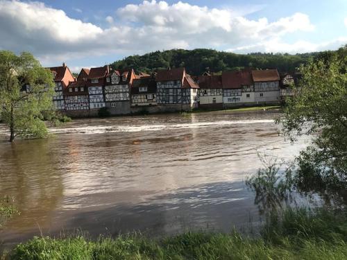 a river with a group of buildings in the background at Ferienhaus Am Fulda Ufer in Rotenburg an der Fulda