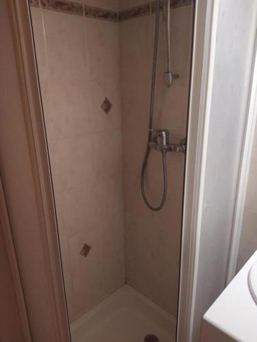a bathroom with a shower with a shower head at Gîte La Voûte Céleste 2/3 pers aux Bondons in Les Bondons