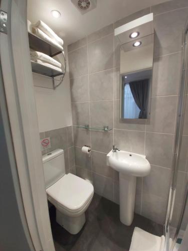 a small bathroom with a toilet and a sink at Falcon Hotel in London
