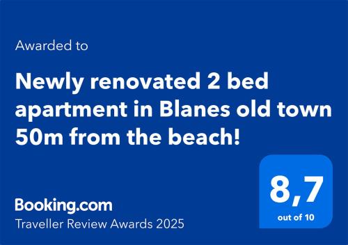a screenshot of a cell phone with the text newly renovated bed apartment in bl at 2 bedroom large modern apartment in Blanes Old Town 50m from the beach! in Blanes