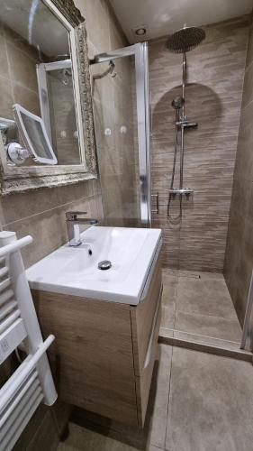 une salle de bain avec un lavabo et une douche dans l'établissement T3 au calme à deux pas de la mer, à Nice