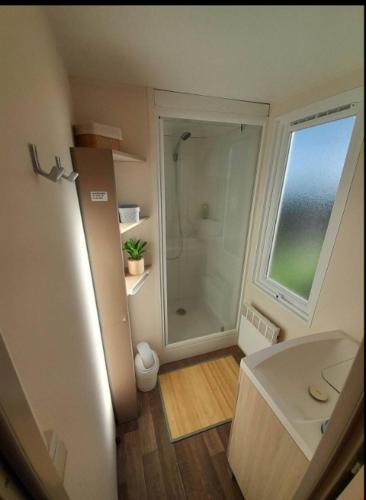 La petite salle de bains est pourvue d'une douche et d'un lavabo. dans l'établissement Bungalow Boofzheim Europa Park, à Boofzheim