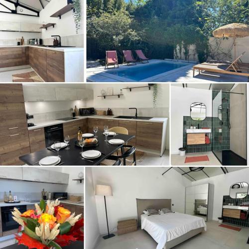 un collage de photos d'une cuisine et d'une maison dans l'établissement Villa la Guinguette sous les Mûriers - Box gourmande - Piscine - Clim, à Perpignan