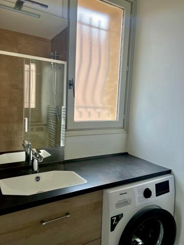 une salle de bain avec une machine à laver et un lavabo dans l'établissement Le Tarnais Minimaliste - Netflix - Clim - Parking Privé - Gare, à Albi