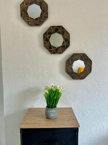 un vase de fleurs sur une table avec des miroirs dans l'établissement Le Tarnais Minimaliste - Netflix - Clim - Parking Privé - Gare, à Albi