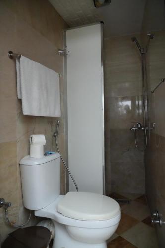 e bagno con servizi igienici bianchi e doccia. di Dar Essaki 1886 a Tangeri