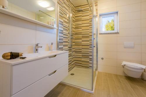 a bathroom with a shower and a sink and a toilet at WHITE HOUSE PENTHOUSE in Dramalj