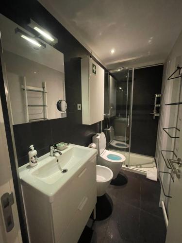 a bathroom with a sink and a toilet and a shower at PicaPau 59105AL in Lisbon
