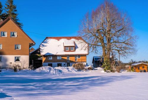 a house with a snow covered roof next to a tree at Süßen Häusle in Breitnau