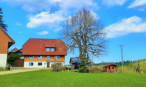 a house with a red roof and a tree at Süßen Häusle in Breitnau