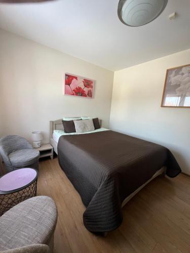 a bedroom with a bed and a couch and a chair at Pilaites svetingi namai in Vilnius