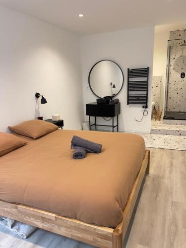 une chambre avec un grand lit avec un miroir au mur dans l'établissement Superbe appartement vue mer vieux port saint Victor, à Marseille