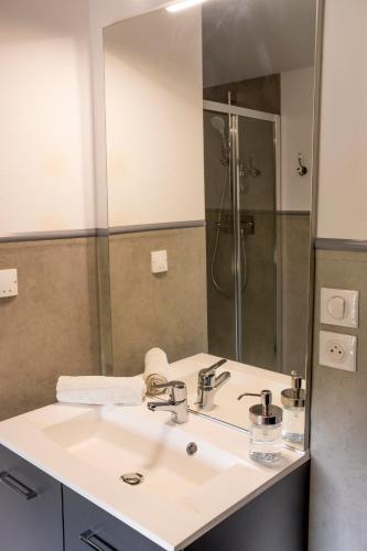 une salle de bain avec un lavabo et une douche dans l'établissement L'Auberge du Campos, à Saint-Pierre-Duchamp