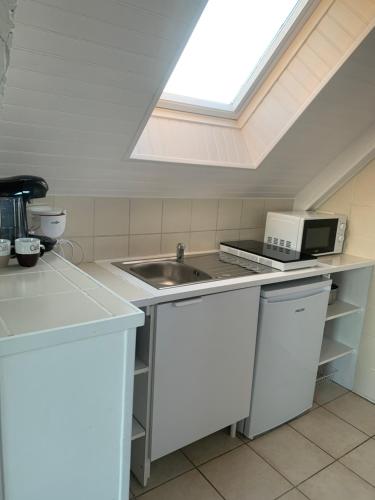 Il comprend une cuisine avec un évier et une lucarne. dans l'établissement Charmant appartement Saint-Malo, à Saint-Malo