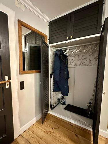 a room with a closet with black cabinets at Old Town St Jacobs Cathedral view in Rīga