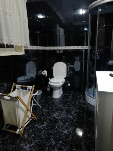a black bathroom with a toilet and a shower at Casa Rua dos Loureiros in Marco de Canaveses