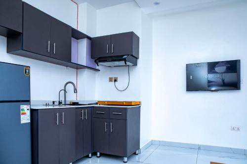 a kitchen with black cabinets and a sink at Holly apartment in Kigali