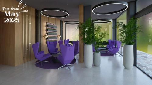 a rendering of a lobby with purple chairs and plants at Ilirija Resort Hotel Adriatic in Biograd na Moru