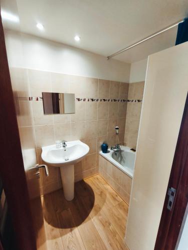 une salle de bain avec un lavabo et une baignoire dans l'établissement Appartement T2 Bord de Mer - Maria Beach, à Santa-Lucia-di-Moriani
