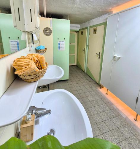 a bathroom with a sink and a basket on the counter at Nattersbergalm in Reit im Winkl