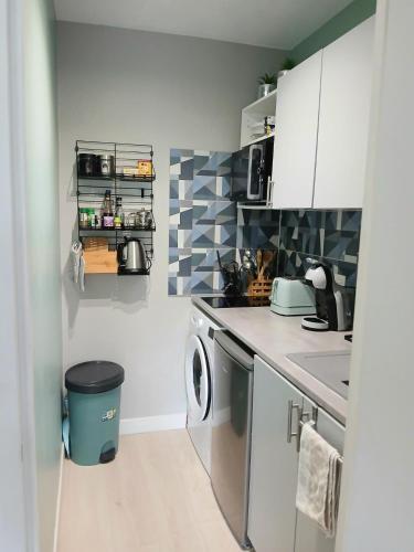 une petite cuisine avec un lave-linge. dans l'établissement Cosy studio le Garden ensoleillé, à Cabourg