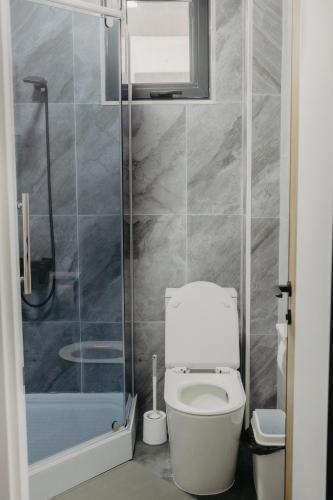 a bathroom with a toilet and a shower at Апарт-отель Tong Marina in Tong